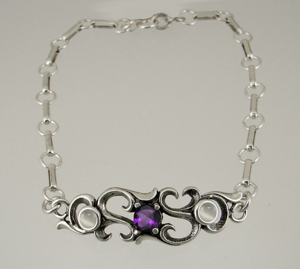 Sterling Silver Bracelet With Faceted Amethyst And White Moonstone